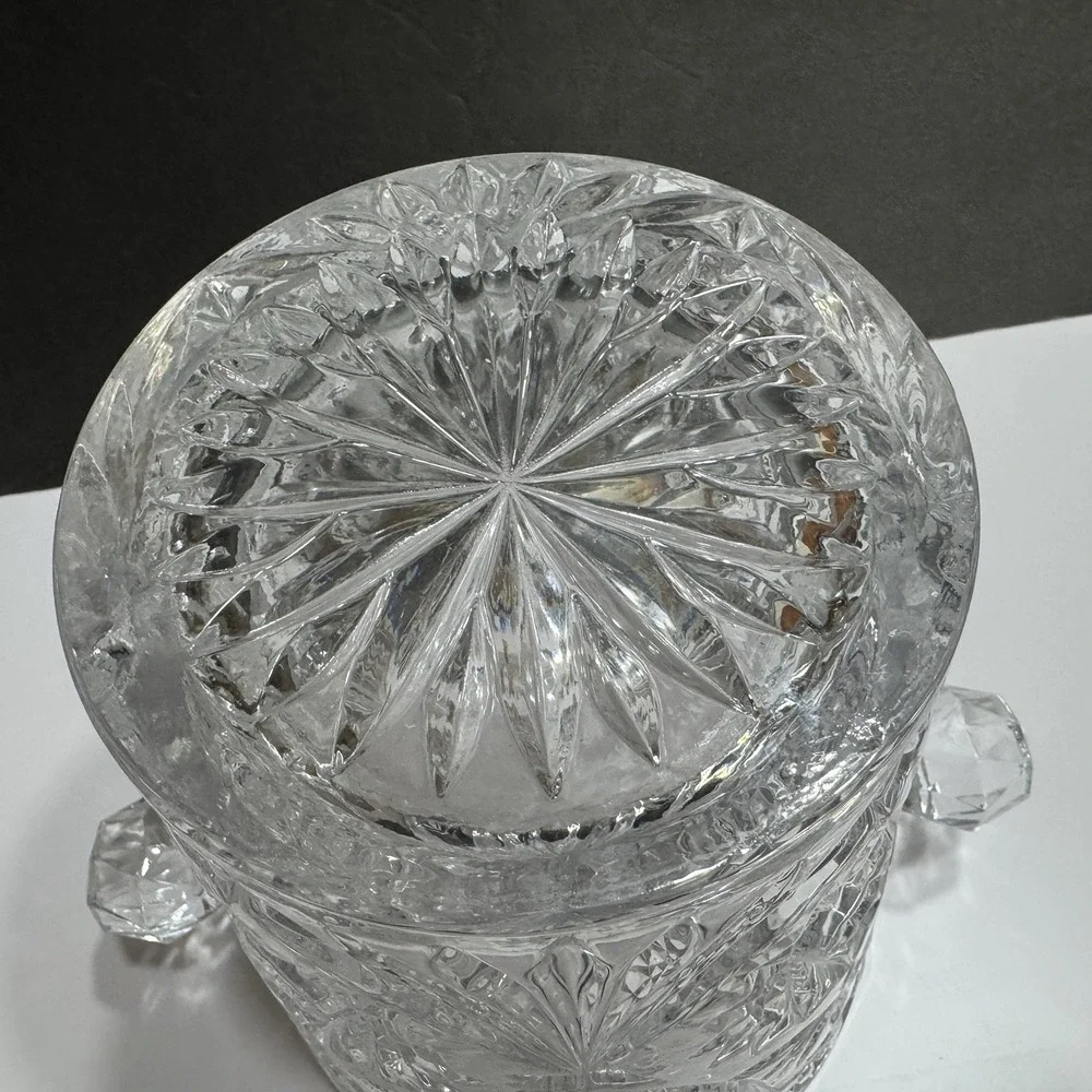 Vintage Bohemian Crystal Glass Ice Bucket Double Handle Scalloped Heavy
